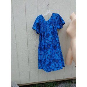 Nos Hawaiian 1960's Cotton Muu Muu Lounging Summer House Dress Charmode Blue Gld